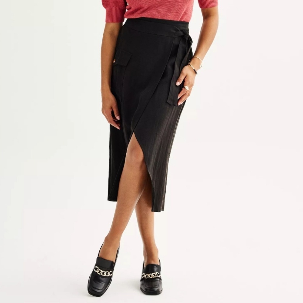 Women's Nine West Solid Twill Pull On Fake Wrap Utility Midi Skirt